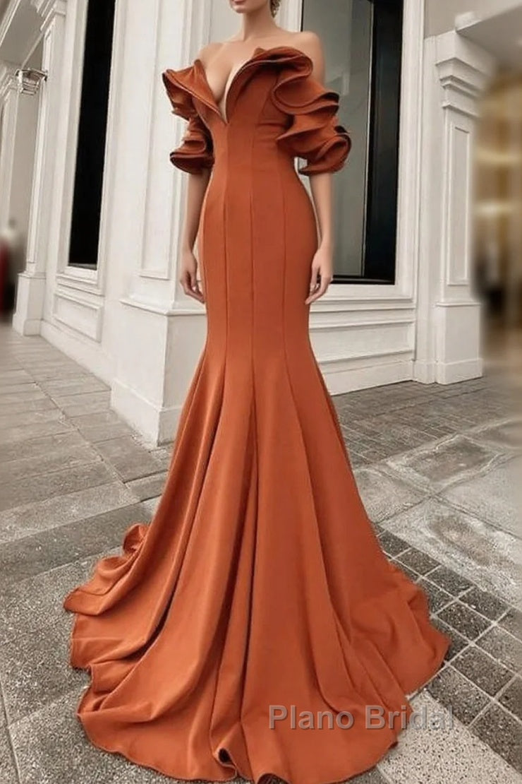 Mermaid Burnt Orange Ruffles Shoulder Dresses Main image