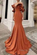 Mermaid Burnt Orange Ruffles Shoulder Dresses