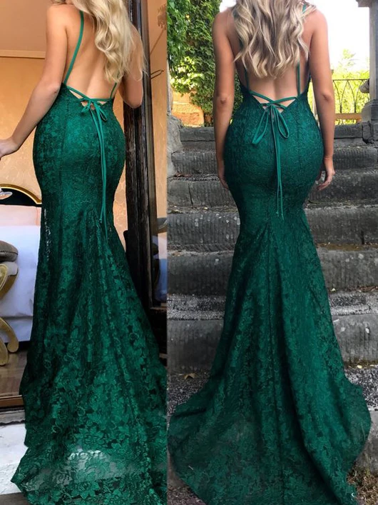 Mermaid Dark Green Formal Prom Dresses, Lace Long Formal Prom Dresses, Spaghetti Straps Backless Formal Prom Dresses