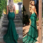 Mermaid Dark Green Formal Prom Dresses, Lace Long Formal Prom Dresses, Spaghetti Straps Backless Formal Prom Dresses