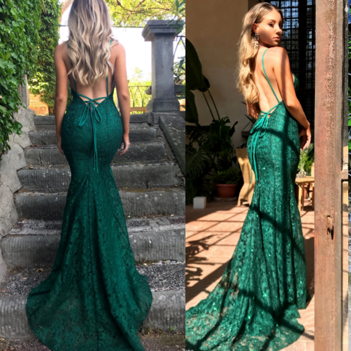 Mermaid Dark Green Formal Prom Dresses, Lace Long Formal Prom Dresses, Spaghetti Straps Backless Formal Prom Dresses