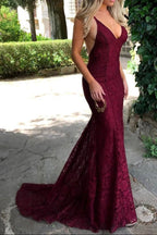 Mermaid Dark Green Formal Prom Dresses, Lace Long Formal Prom Dresses, Spaghetti Straps Backless Formal Prom Dresses