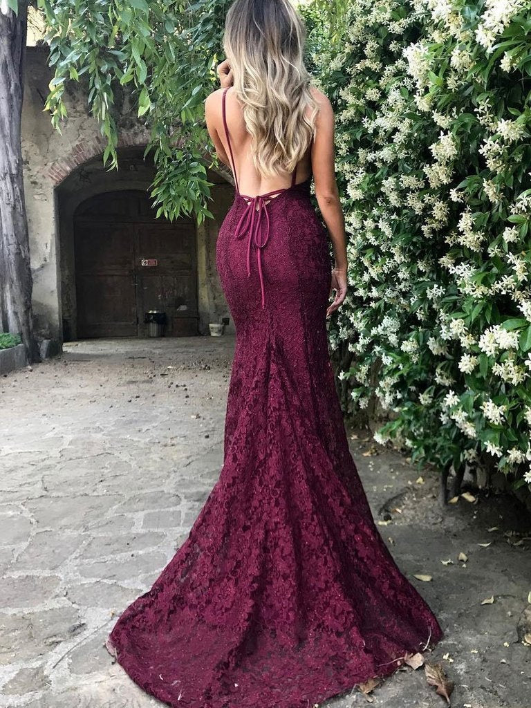 Mermaid Dark Green Formal Prom Dresses, Lace Long Formal Prom Dresses, Spaghetti Straps Backless Formal Prom Dresses