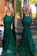 Mermaid Dark Green Formal Prom Dresses, Lace Long Formal Prom Dresses, Spaghetti Straps Backless Formal Prom Dresses