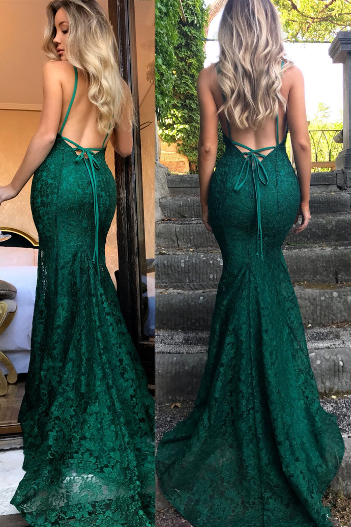 Mermaid Dark Green Formal Prom Dresses, Lace Long Formal Prom Dresses, Spaghetti Straps Backless Formal Prom Dresses