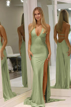 Mermaid Deep Halter Satin Long Prom Dresses with Slit