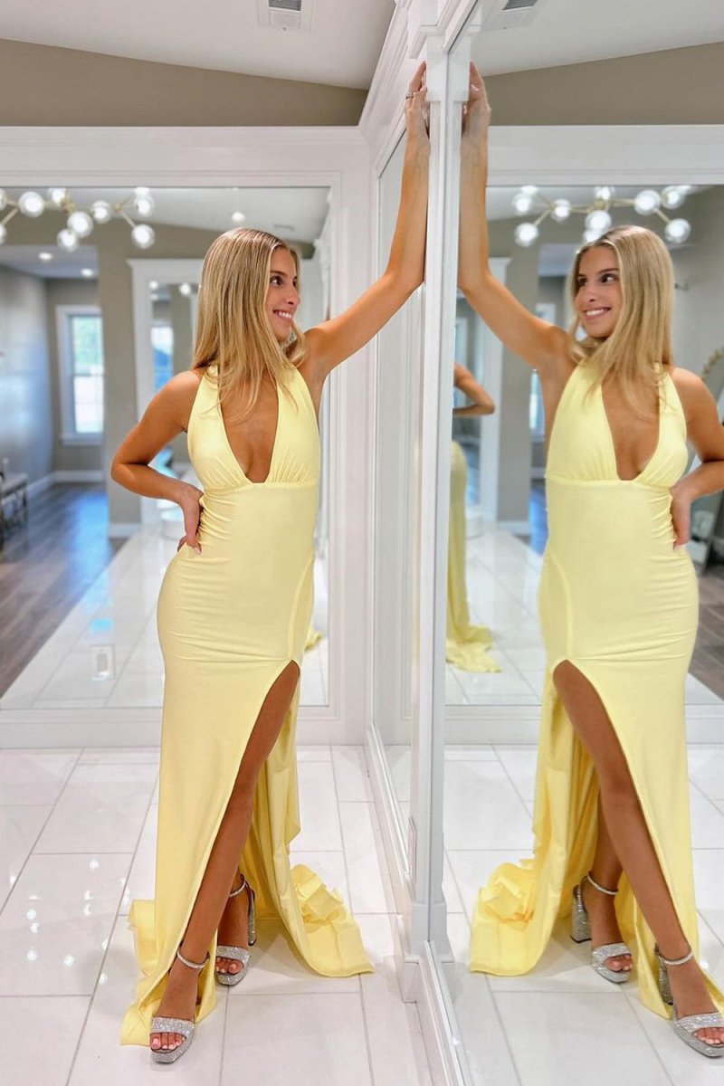 Mermaid Deep Halter Satin Long Prom Dresses with Slit