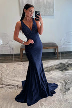 Mermaid Deep V-Neck Beaded Satin Long Prom Dress
