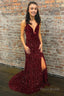 Mermaid Deep V Neck Burgundy Sequins Long Prom Dress with Silt