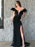 Mermaid Deep V Neck Feather Lace Long Prom Dress