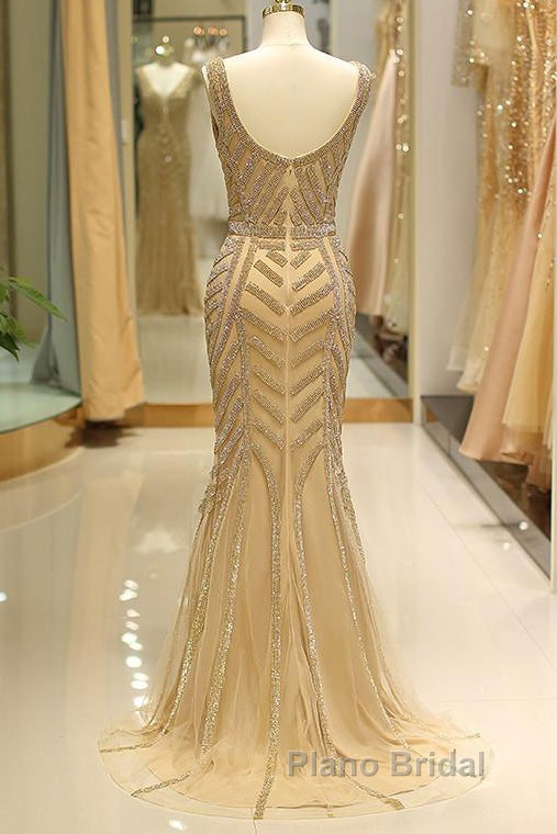 Mermaid Deep V-Neck Gold Beaded Formal Prom Dresses Secondary image