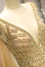 Mermaid Deep V-Neck Gold Beaded Formal Prom Dresses