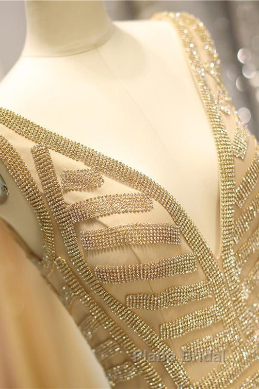 Mermaid Deep V-Neck Gold Beaded Formal Prom Dresses