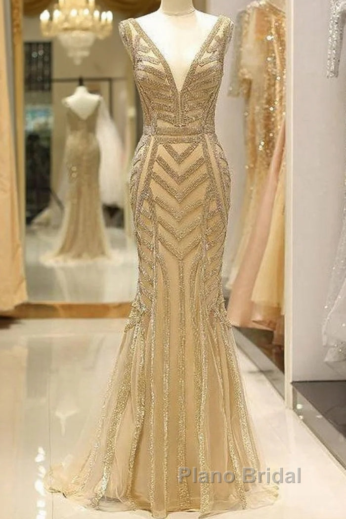 Mermaid Deep V-Neck Gold Beaded Formal Prom Dresses Main image