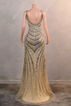Mermaid Deep V Neck Golden Long Prom Dress with Silt