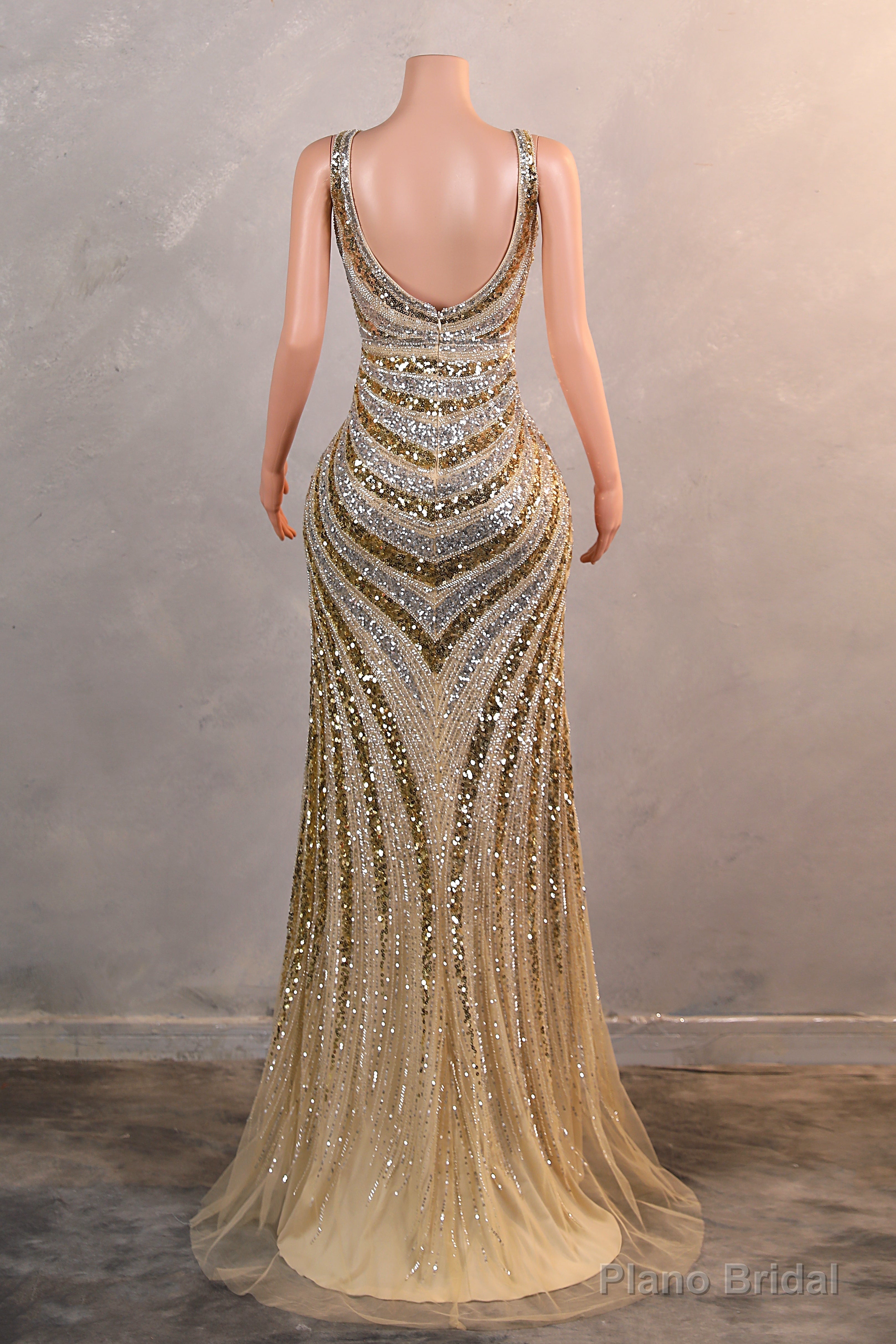 Mermaid Deep V Neck Golden Long Prom Dress with Silt