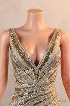 Mermaid Deep V Neck Golden Long Prom Dress with Silt