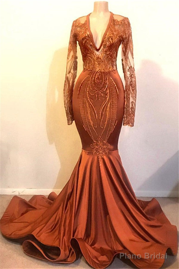 Mermaid Deep V-neck Long Sleeve Floor Length Chiffon Embroidery Prom Dress Main image