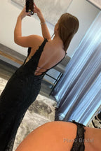 Mermaid Deep V Neck Pink Long Prom Dress with Appliques