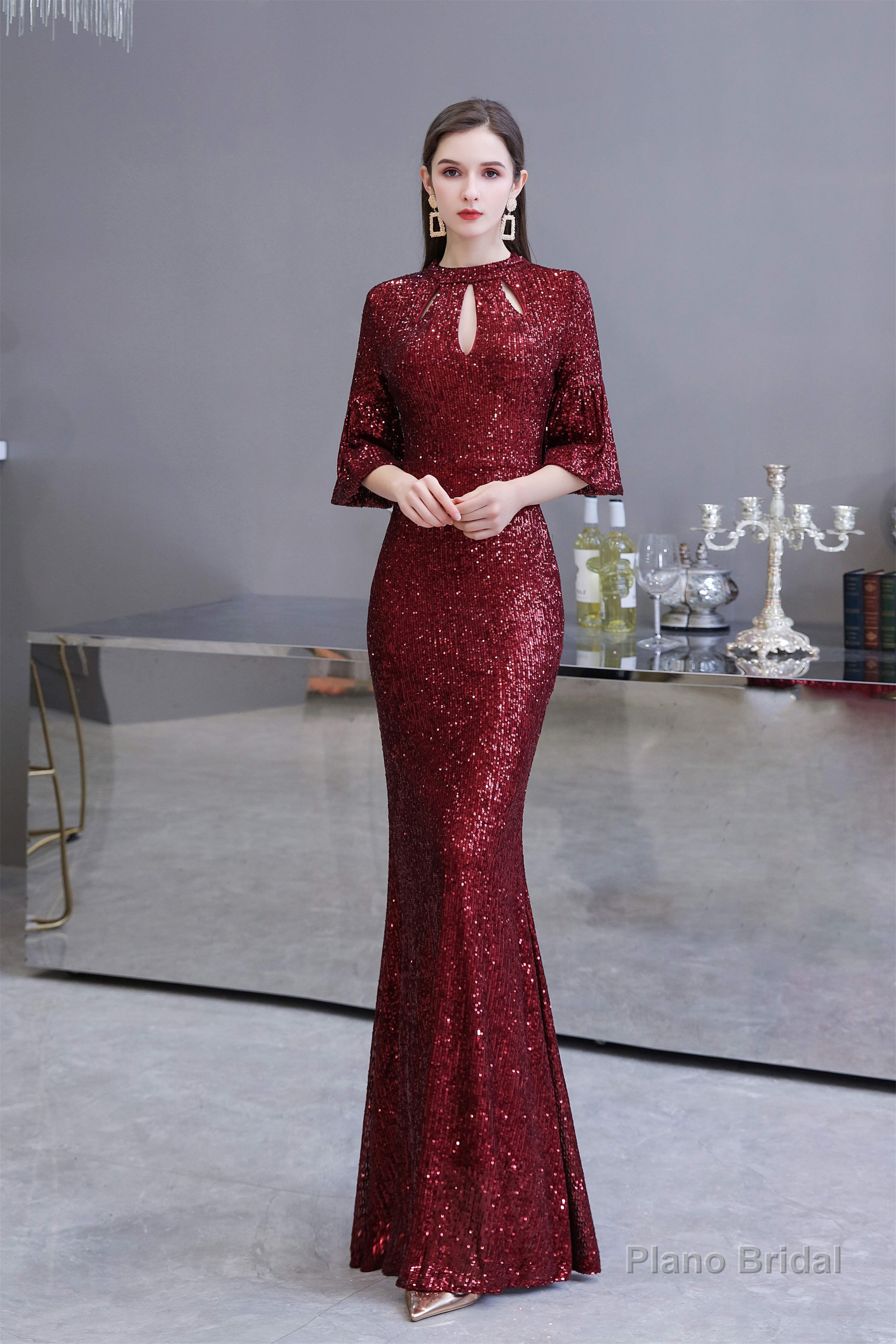 Mermaid Designed Neckline Sequined Floor Length Sequins Prom Dresses Main image