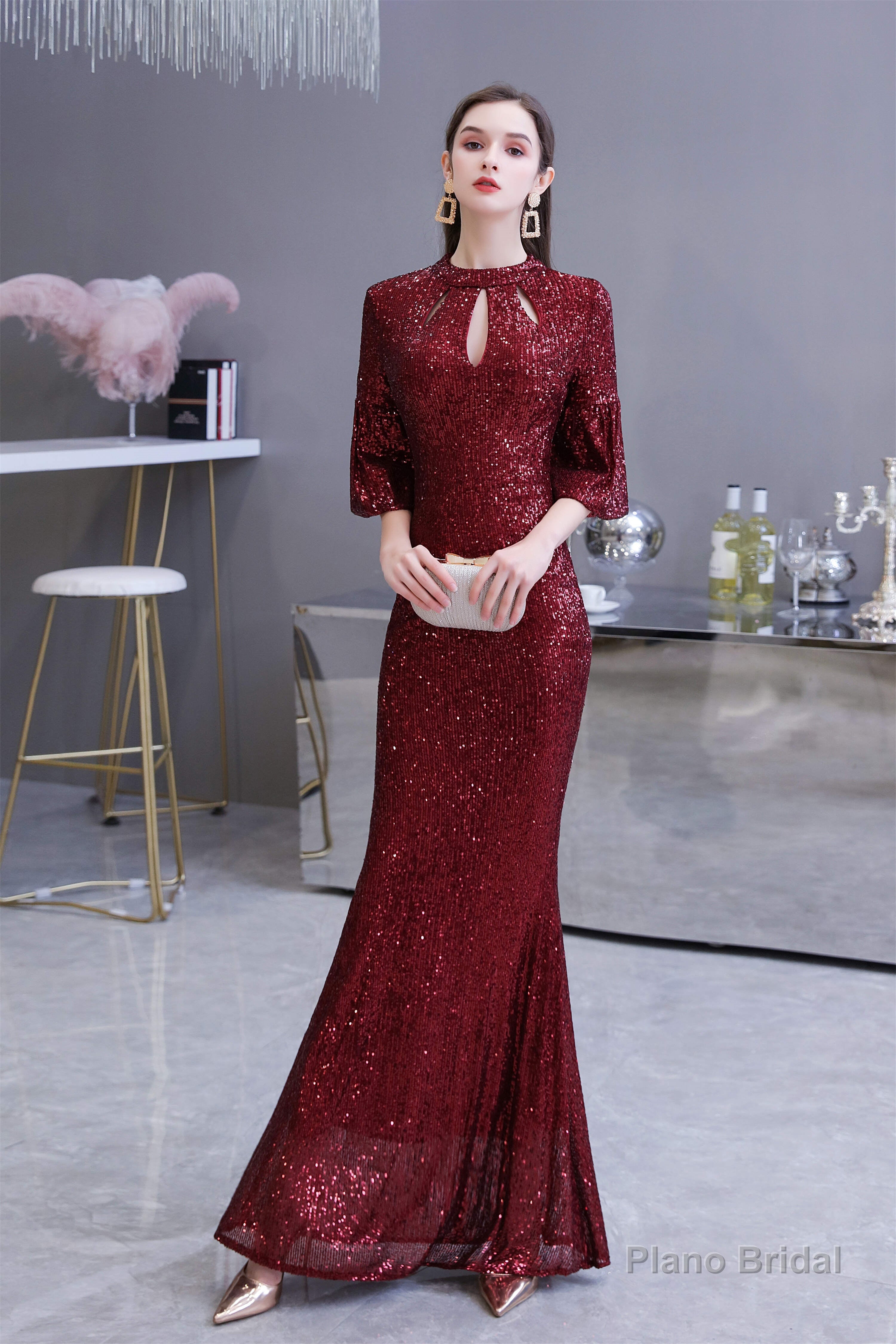 Mermaid Designed Neckline Sequined Floor Length Sequins Prom Dresses