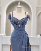 Mermaid Dusty Blue V-Neck Split Gown With Feathers