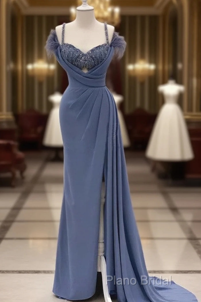 Mermaid Dusty Blue V-Neck Split Gown With Feathers Main image