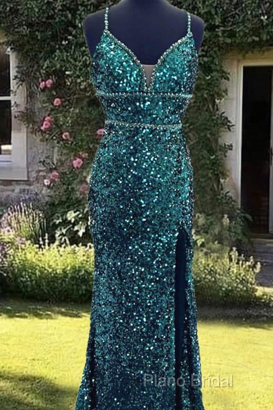 Mermaid Emerald Green Sequin V-Neck Dresses