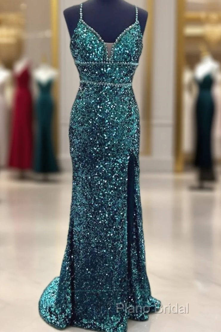 Mermaid Emerald Green Sequin V-Neck Dresses Main image