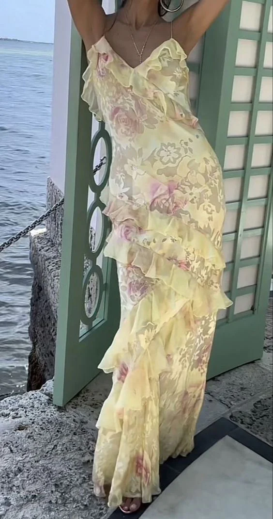 Mermaid Floor Length Yellow Formal Prom Dresses With Ruffles 22Th Birthday Outfit Main image
