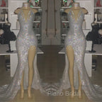 Mermaid Front Slit Deep V-Neck Halter Court Paillette Formal Prom Dresses