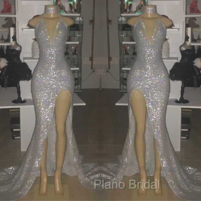 Mermaid Front Slit Deep V-Neck Halter Court Paillette Formal Prom Dresses