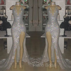 Mermaid Front Slit Deep V-Neck Halter Court Paillette Formal Prom Dresses