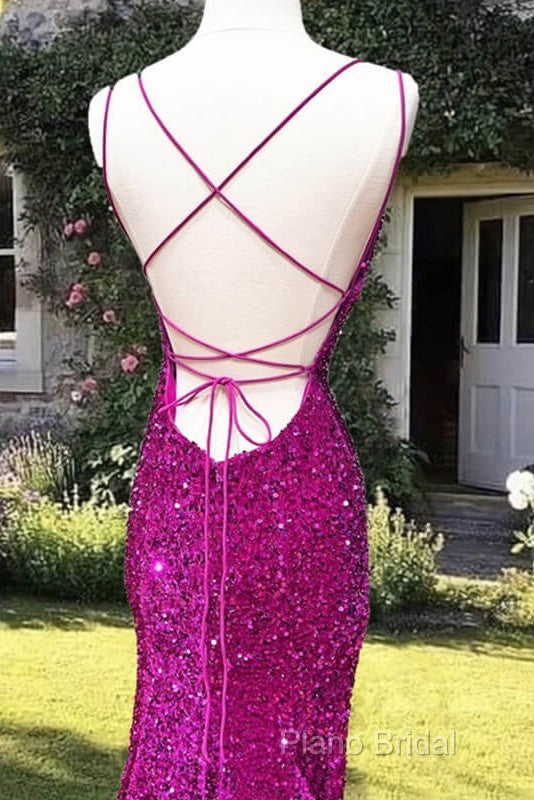 Mermaid Fuchsia Sequin Open Back Dresses