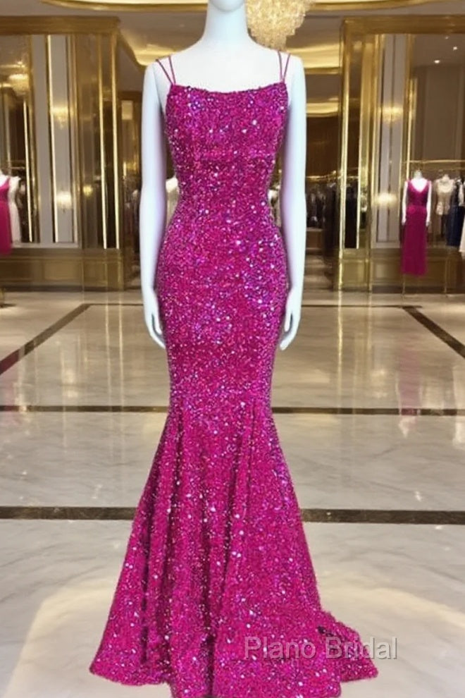 Mermaid Fuchsia Sequin Open Back Dresses Main image