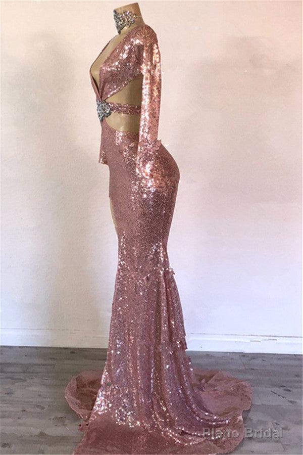 Mermaid Gorgeous Sequins V-Neck Long-Sleeves Side-Slit Prom Dresses Secondary image