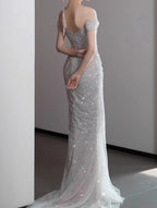Mermaid Gowne??? Off The Shoulder Tulle Sequins Long Formal Prom Dresses For Formal Events &Quinceanera
