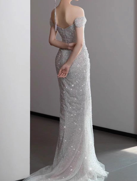 Mermaid Gowne??? Off The Shoulder Tulle Sequins Long Formal Prom Dresses For Formal Events &Quinceanera