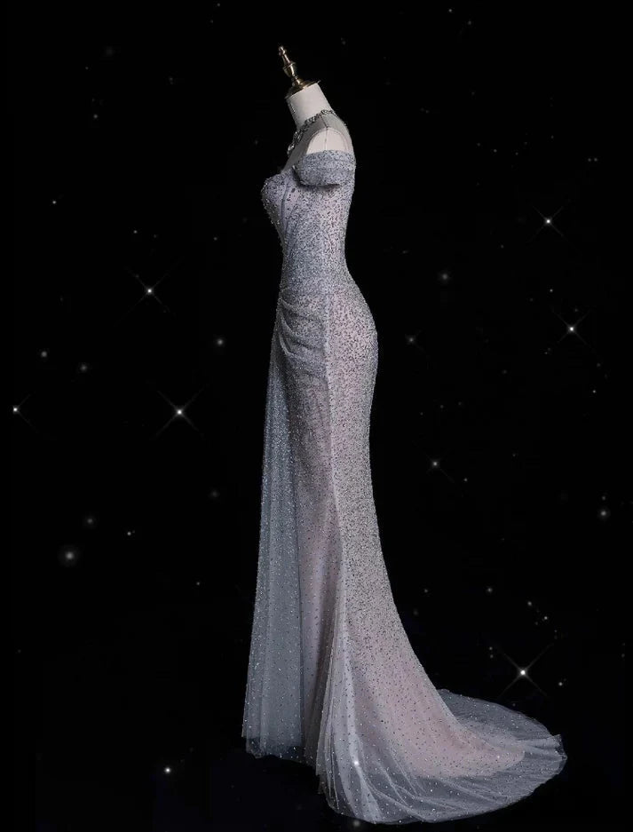 Mermaid Gowne??? Off The Shoulder Tulle Sequins Long Formal Prom Dresses For Formal Events &Quinceanera