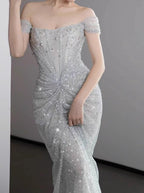 Mermaid Gowne??? Off The Shoulder Tulle Sequins Long Formal Prom Dresses For Formal Events &Quinceanera