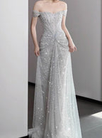 Mermaid Gowne??? Off The Shoulder Tulle Sequins Long Formal Prom Dresses For Formal Events &Quinceanera