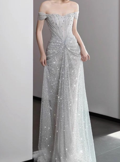 Mermaid Gowne??? Off The Shoulder Tulle Sequins Long Formal Prom Dresses For Formal Events &Quinceanera