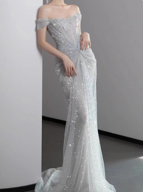 Mermaid Gowne??? Off The Shoulder Tulle Sequins Long Formal Prom Dresses For Formal Events &Quinceanera