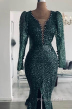 Mermaid Green Long Sleeve Sequin Formal Prom Dresses