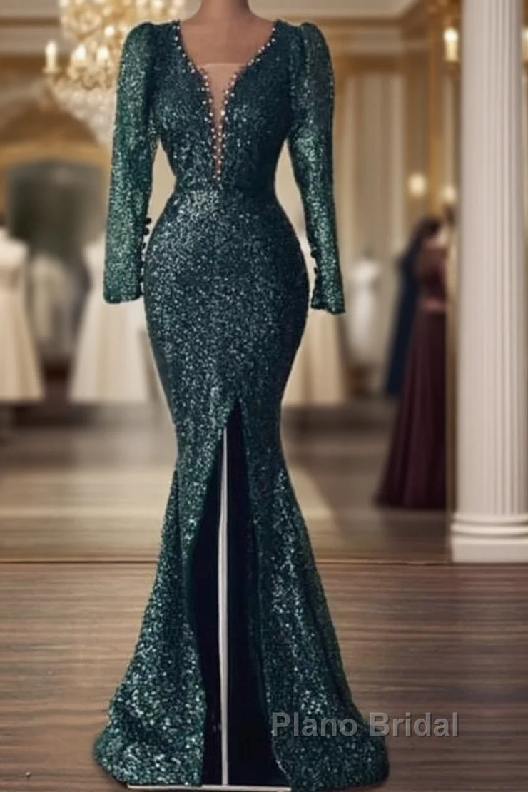Mermaid Green Long Sleeve Sequin Formal Prom Dresses Main image