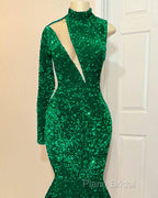Mermaid Green Sequin Formal Prom Dresses One Shoulder High Neck