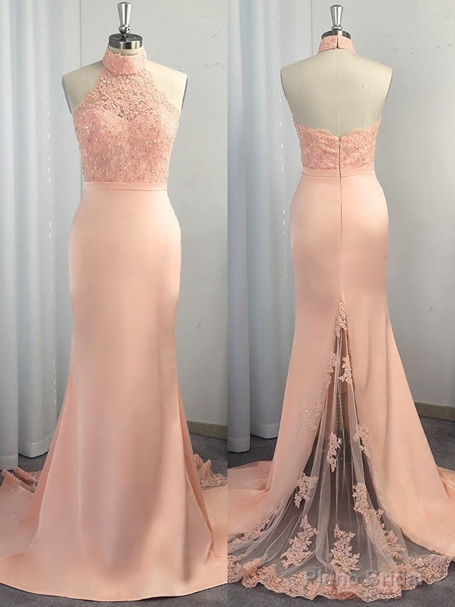 Mermaid Halter Appliques Lace Sweep Train Satin Dress Main image