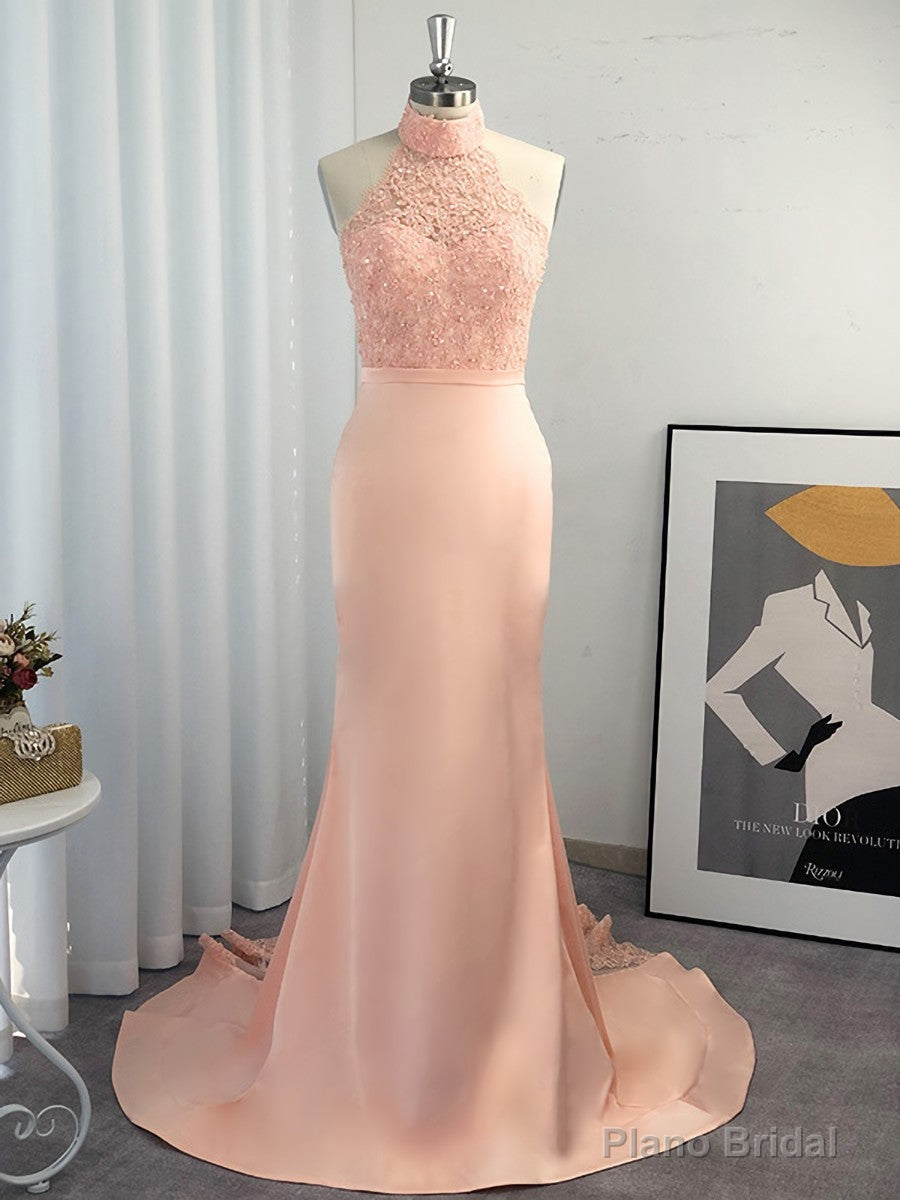 Mermaid Halter Appliques Lace Sweep Train Satin Dress Secondary image