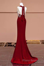 Mermaid Halter Burgundy Long Formal Prom Dresses