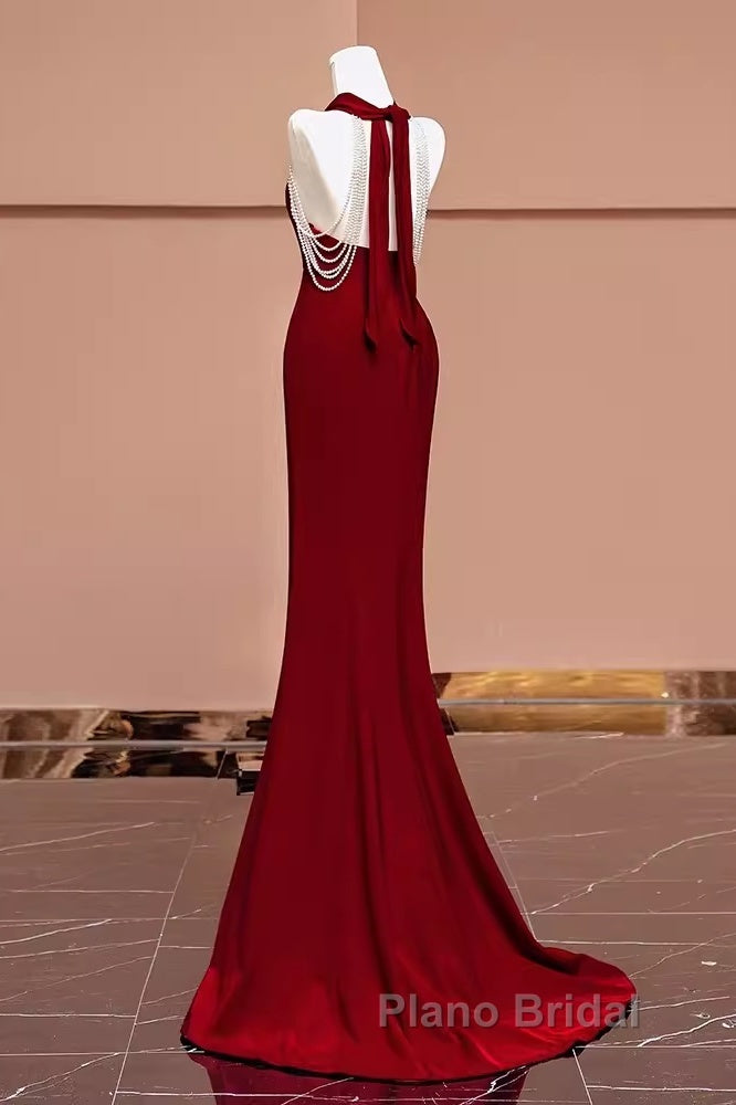 Mermaid Halter Burgundy Long Formal Prom Dresses